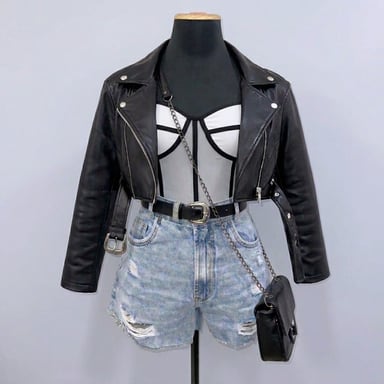 CASACA CUERINA CROP NEGRO DE MUJER - 1