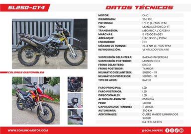MOTO SONLINK SL250- GY4, 250CC, 17 HP, 6 VELOCIDADES NEGRO O ROJO - 7