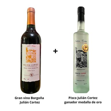 PACK JULIÁN CORTEZ PISCO UVINA 500 ML + VINO BORGOÑA 750 ML