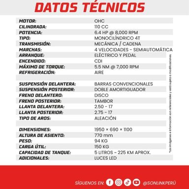 MOTO SONLINK SL110-W10 110 CC 6.4 HP 4 VEL. ROJO - 3
