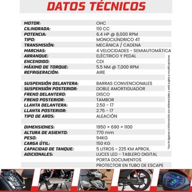 MOTO SONLINK SL110-S 110 CC 6,4 HP SEMIAUTOMÁTICA Y LUZ LED - 8
