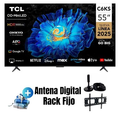 TELEVISOR TCL 55'' QD-MINILED UHD 4K GOOGLE TV 55C6KS 2025 + ANT + RACK FIJO - 1