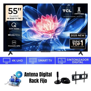 TELEVISOR 55'' TCL QLED UHD 4K 55T6C GOOGLETV  2025 + ANT + RACK FIJO - 1