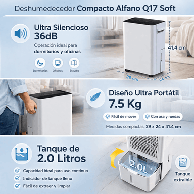 DESHUMEDECEDOR PORTATIL ALFANOHASTA 20 M² 17 LITROS X DÍA 190W DESHUMIDIFICADOR Q17 SOFT - 2