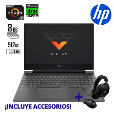 LAPTOP HP VICTUS 15.6' AMD RYZEN 7-5800H RAM 8GB SSD 512GB NVIDIA GEFORCE RTX 3050 4GB+ ACCESORIOS