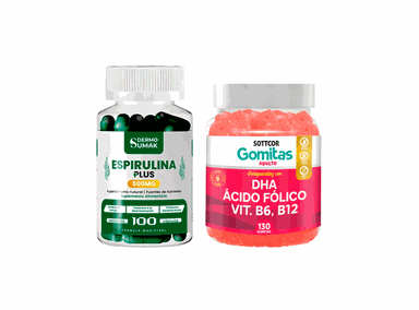 ESPIRULINA PLUS 500MG 100CAP + GOMITAS CON DHA, ÁCIDO FÓLICO, B6 Y B13