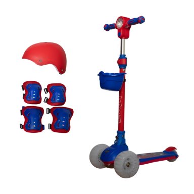 SCOOTER INFANTIL MUSICAL CON LLANTAS ANCHAS LED CASCO RODILLERAS Y CODERAS DE REGALO ROJO Y AZUL  - 1