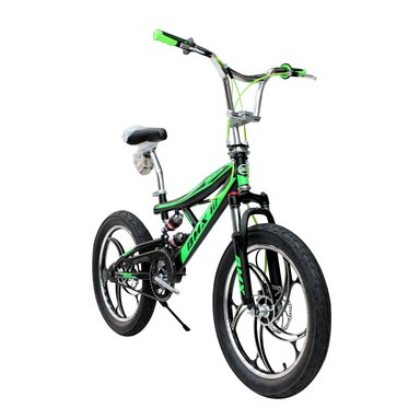 BICICLETA BMX ARO 20 BIKEKAM CON TRIPLE SUSPENSIÓN FRENOS DE DISCOS Y PEGS  NEGRO CON VERDE - 1