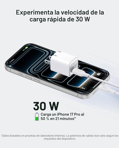 CARGADOR ANKER 30W,TYPE C GAN, PLEGABLE CARGA RÁPIDO PARA IPHONE 17...16 Y MÁS, GALAXY, IPAD - NEGRO - 4