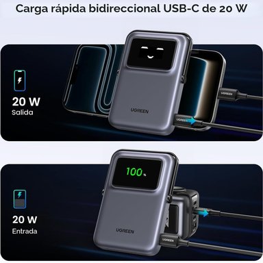 POWER BANK UGREEN MAGSAFE 10000MAH, INALÁMBRICO QI, PD 20W PLEGABLE PB572 - GREY - 2