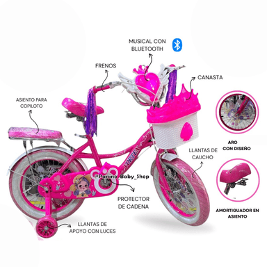 BICICLETA CAMPERA MUSICAL ARO 16 PARA NIÑAS -PRINCESA- LILA - 8