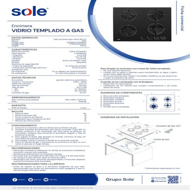 ENCIMERA VIDRIO TEMPLADO GLP/GN SOLE 4 HORNILLAS 60CM - 8
