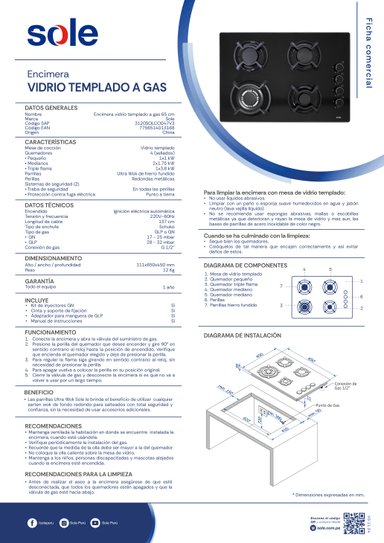 ENCIMERA VIDRIO TEMPLADO GLP/GN SOLE 4 HORNILLAS 60CM - 9