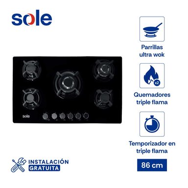 ENCIMERA VIDRIO TEMPLADO GLP/GN SOLE 5 HORNILLAS 86CM CTIMER