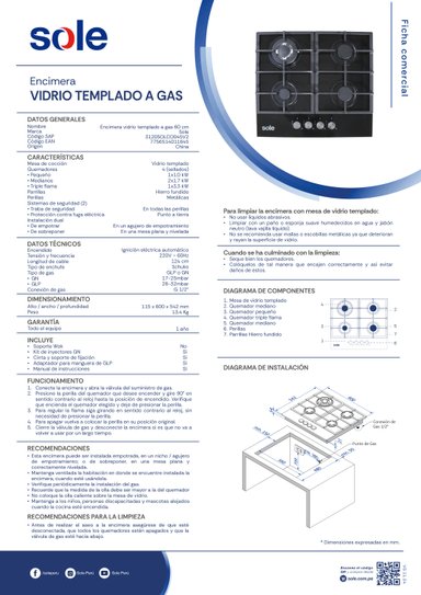 ENCIMERA VIDRIO TEMPLADO GLP/GN SOLE 4 HORNILLAS 60CM - 9