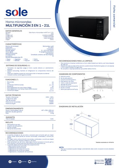 HORNO MICROONDAS SOLE EMPOTRABLE 21 L MULTIFUNCIONES 3 EN 1 - 9