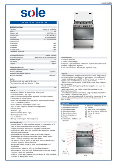 COCINA DE PIE GLP/GN SOLE 5 QUEMADORES 76 CM DUBAI - 5