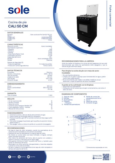COCINA DE PIE GLP/GN SOLE 4 QUEMADORES 50 CM CALI - 9