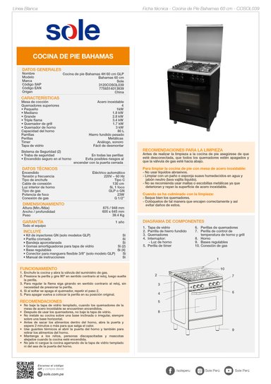 COCINA DE PIE GLP/GN SOLE 4 QUEMADORES 60 CM BAHAMAS - 7