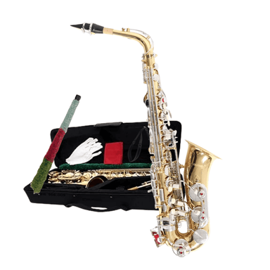 SAXO ALTO DORADO CON LLAVES NIQUELADA CON ACCESORIOS COMPLETOS - 1