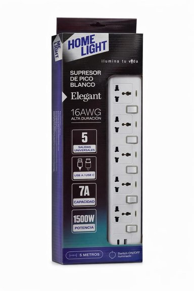 SUPRESOR DE PICO 5 TOMAS CABLE 5 MTR 2 SALIDA USB Y TIPO C BLANCO 1500W HOME LIGHT