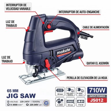 SIERRA CALADORA 710W MAKUTE INDUSTRIAL CON GUÍA LASER CORTE MADERA Y METAL - 2
