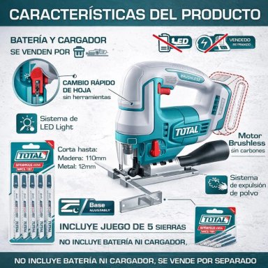 SIERRA CALADORA INALÁMBRICA TOTAL INDUSTRIAL SIN BATERÍA NI CARGADOR TJSLI1008 - 4