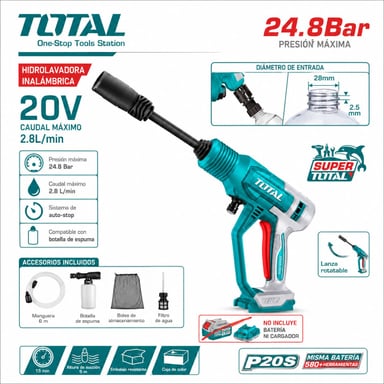 HIDROLAVADORA INALÁMBRICA PORTÁTIL TOTAL 20V SIN BATERÍA NI CARGADOR TPWLI2036 - 2