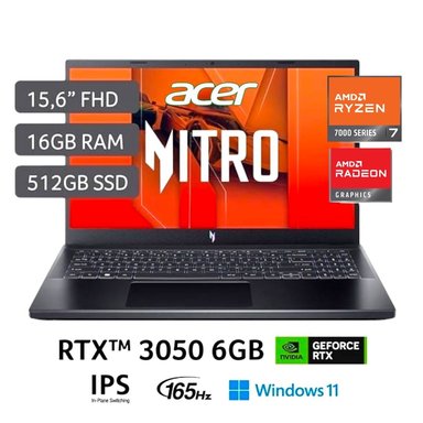 LAPTOP GAMER ACER NITRO RYZEN 7 7735HS RTX3050-6GB 16RAM 512SSD 165HZ WIN11 ANV15-41-R6ZZ