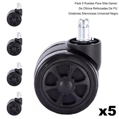 PACK 5 RUEDAS PARA SILLA GAMER DE OFICINA GIRATORIAS UNIVERSAL NEGRO - 1