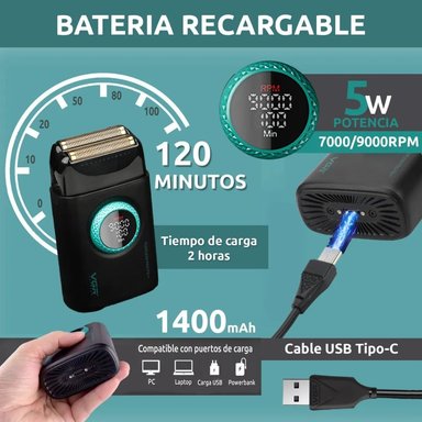 AFEITADORA ELECTRICA SHAVER VGR V-377 TITANIO 9000 RPM USB - 5