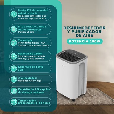 DESHUMEDECEDOR Y PURIFICADOR KENDAL KD-PD12R CON FILTRO MIXTO CAPACIDAD 12 LT  COBERTURA 30M2 POTENCIA 190W - 2