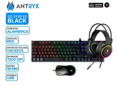 KIT GAMING ANTRYX GC-3100 X3 BLACK, TECLADO SWITCH RED, MOUSE, AURICULAR - 1
