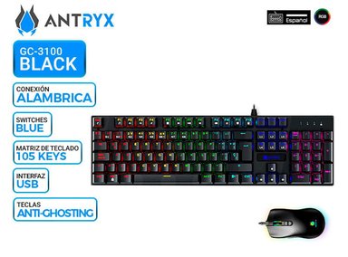 KIT GAMING ANTRYX GC-3100 BLACK, TECLADO SWITCH BLUE Y MOUSE - 1