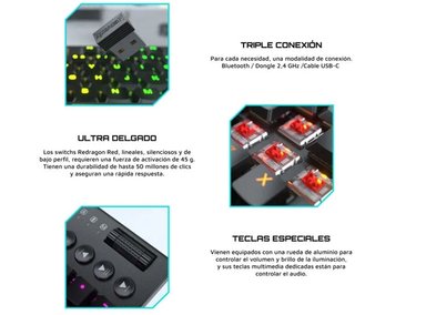 TECLADO REDRAGON HORUS TKL BLACK WIRELESS, SPANISH K621-RGB-SP RED SWITCH - 5