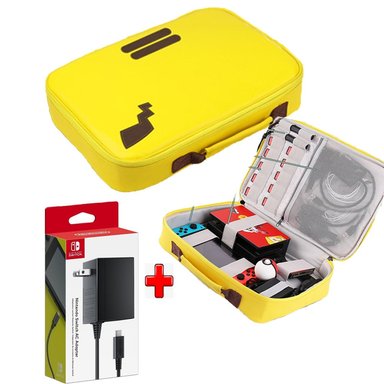 PACK MALETA PARA NINTENDO SWITCH Y OLED PIKACHU AMARILLO + CARGADOR ORIGINAL - 1