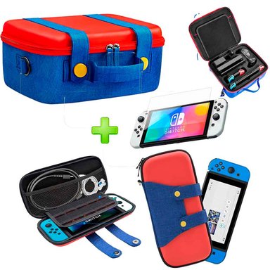 PACK MALETA PARA NINTENDO SWITCH Y OLED ROJO/AZUL + ESTUCHE MARIO ROJO/AZUL + MICA OLED - 1