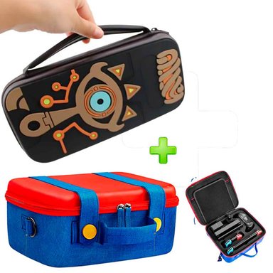 PACK MALETA PARA NINTENDO SWITCH Y OLED ROJO/AZUL + ESTUCHE ZELDA MARRÓN - 1
