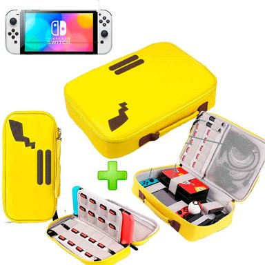 PACK MALETA PARA NINTENDO SWITCH Y OLED PIKACHU AMARILLO + ESTUCHE AMARILLO + MICA OLED - 1