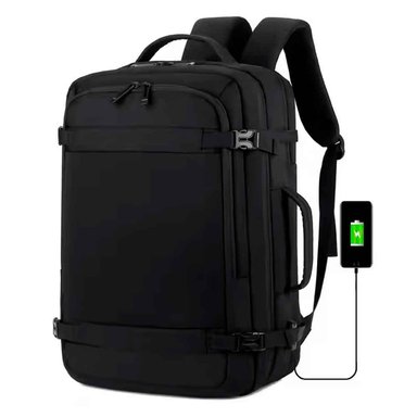MOCHILA DE VIAJE IMPERMEABLE ANCHO AJUSTABLE POLIÉSTER CON PUERTO USB NEGRO MOD. C