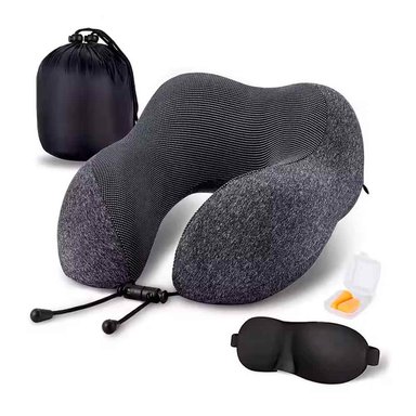 SET ALMOHADA DE CUELLO PARA VIAJE CON ANTIFAZ Y TAPONES DE OÍDOS GRIS