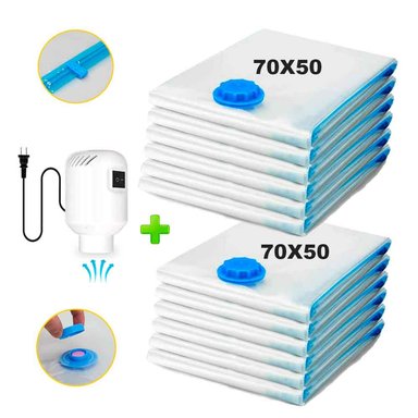 PACK 12 BOLSAS DE AIRE AL VACÍO DE VIAJE 70X50CM + BOMBA DE AIRE ALÁMBRICO - 1