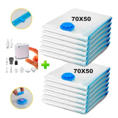 PACK 12 BOLSAS DE AIRE AL VACÍO DE VIAJE 70X50CM + BOMBA DE AIRE INALÁMBRICO