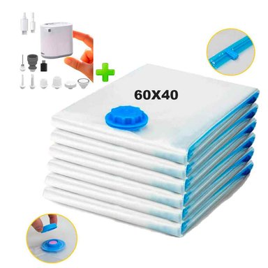 PACK 6 BOLSAS DE AIRE AL VACÍO DE VIAJE 60X40CM + BOMBA DE AIRE INALÁMBRICO