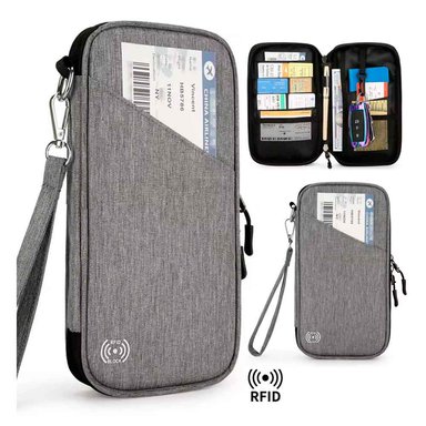ESTUCHE ORGANIZADOR DOCUMENTOS DE VIAJE RFID CON SUJETADOR IMPERMEABLE GRIS RD