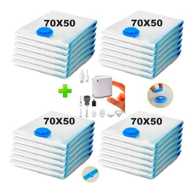 PACK 24 BOLSAS DE AIRE AL VACÍO DE VIAJE 70X50CM + BOMBA DE AIRE INALÁMBRICO