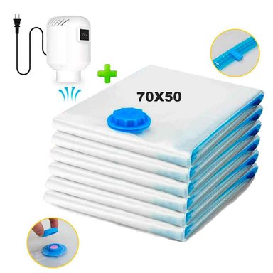 PACK 6 BOLSAS DE AIRE AL VACÍO DE VIAJE 70X50CM + BOMBA DE AIRE ALÁMBRICO - 1