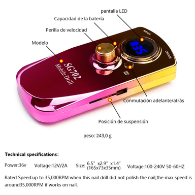 PULIDOR DE UÑAS PROFESIONAL SG-702 30000 RPM PORTÁTIL LED - 6