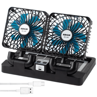 VENTILADOR PORTÁTIL NO999 9W SOLAR DOBLE CABEZAL 360° CARRO AUTO 12V 24V