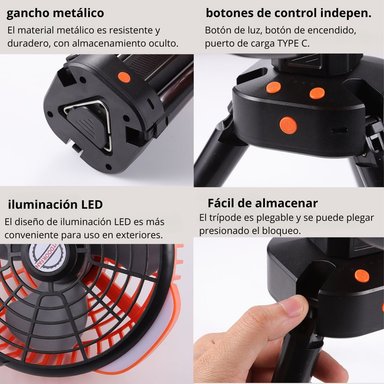 VENTILADOR DE CAMPING RECARGABLE CON TRÍPODE LUZ LED CON GANCHO FS-X6 - 5
